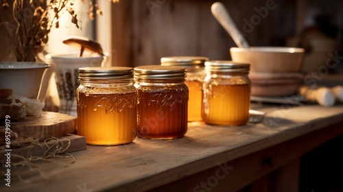 Honey jars arranged in a rustic kitchen setting, capturing the warmth and organic feel of the natural sweetener