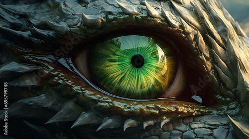 3D Green dragon eye on leather background. Resin craft. Generative AI photo