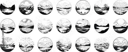Set of circular black and white vector landscapes, each sketched within a distinct circle, showcasing a variety of scenic views.