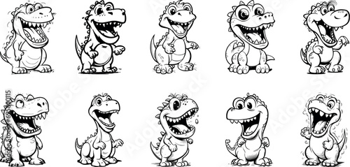 A playful collection of dinosaur silhouettes in vector format, featuring an array of amusing poses, black and white for versatile use.