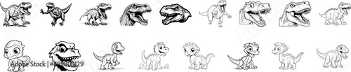 Monochrome vector collection featuring assorted cartoon dinosaurs in playful poses, ideal for kids' designs.