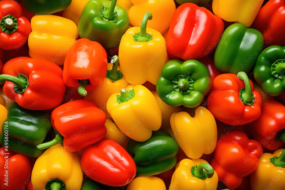 Closeup miniature Fresh bell peppers in yellow, red, green and orange abstract background background. Generative AI Closeup miniature Fresh bell peppers in yellow, red, green and orange abstract background background. Generative AI