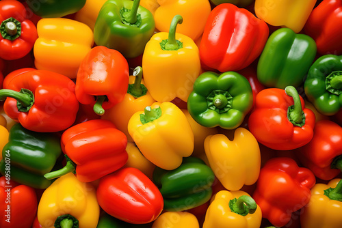 Closeup miniature Fresh bell peppers in yellow, red, green and orange abstract background background. Generative AI