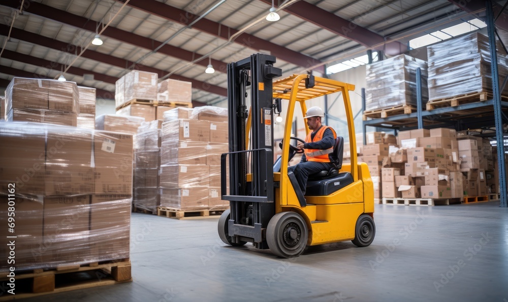 A Man Skillfully Operating a Forklift in a Busy Warehouse