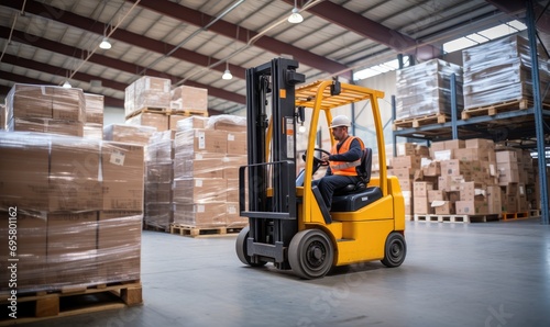 A Man Skillfully Operating a Forklift in a Busy Warehouse photo