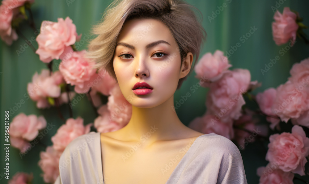 Elegant Asian Woman with Short Hair in Muted Green Attire Against Soft Pink Floral Background, Poised and Serene