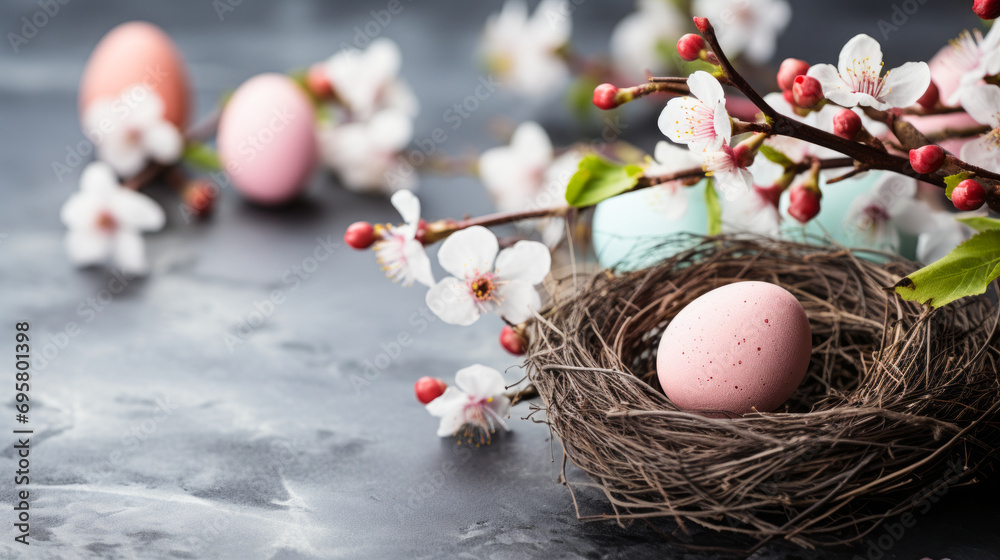 Easter Celebration with Pastel Eggs in Nest and Cherry Blossoms on Rustic Textured Background, Springtime Festivity Concept