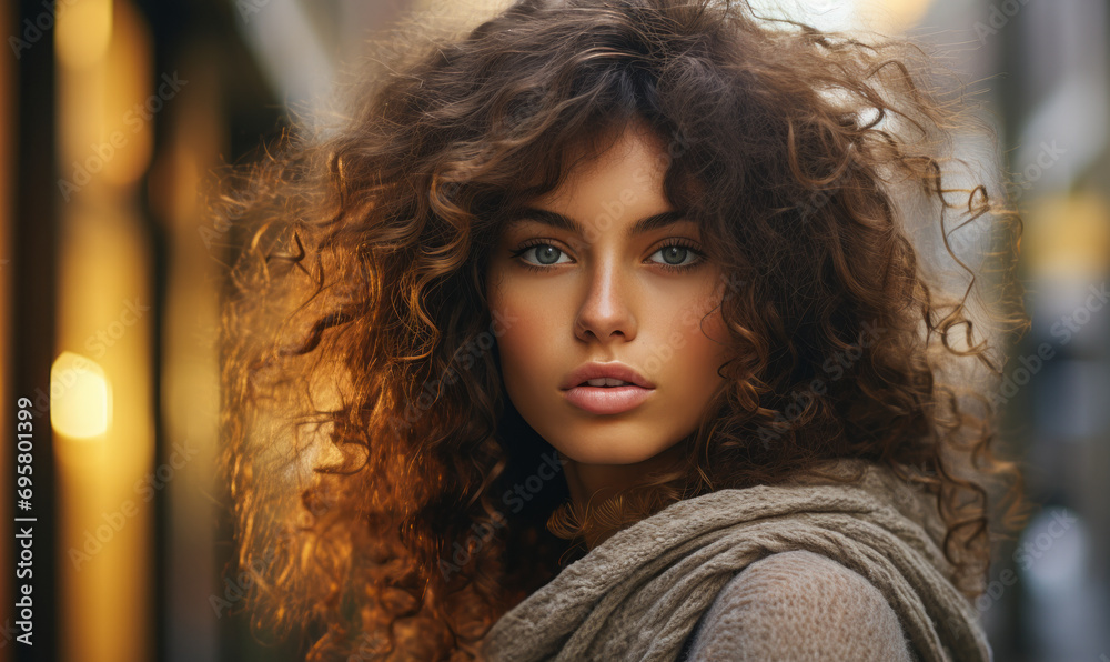 Captivating Curly-Haired Beauty with Bold Purple Eye Makeup on a Misty Urban Morning