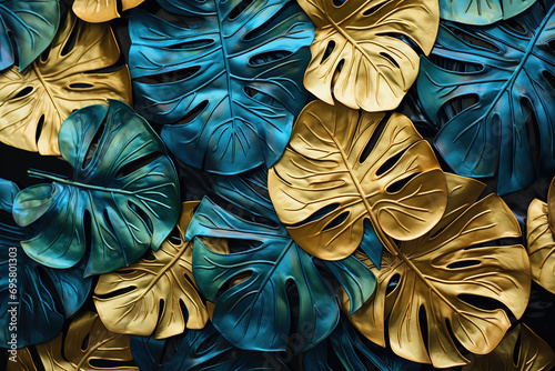 closeup miniature Monstera leaves lot of floral golden blue grunge abstract background. Generative AI