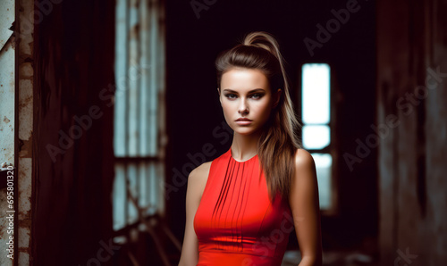 Elegant Woman in Red Sleeveless Dress Poses in an Abandoned Building, Captivating Beauty Amidst Decay