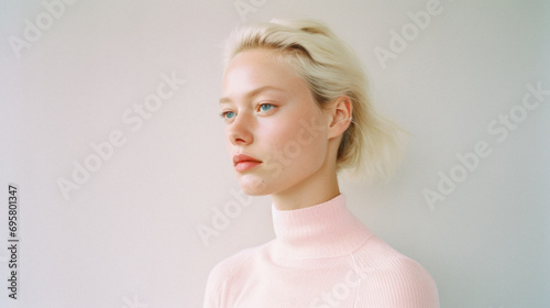 Portrait of a beautiful girl with blond hair in a pink sweater