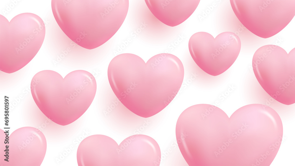 Romantic background with 3d pink glossy hearts for wedding invitations or Valentine's Day holiday greetings graphic design. Vector Illustration.	