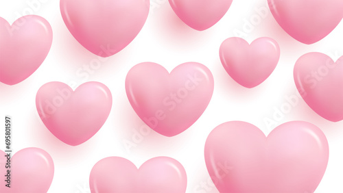 Romantic background with 3d pink glossy hearts for wedding invitations or Valentine's Day holiday greetings graphic design. Vector Illustration.	