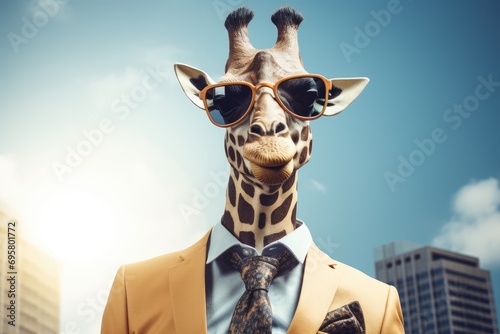 Giraffe in a custom suit and oversized sunglasses