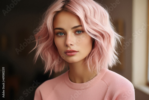 Portrait of a beautiful young woman with pink hair in the room