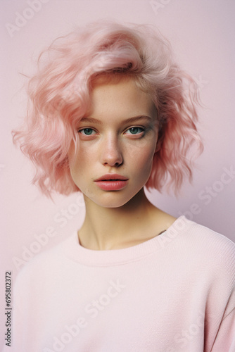 Portrait of a beautiful girl with pink hair on a pink background