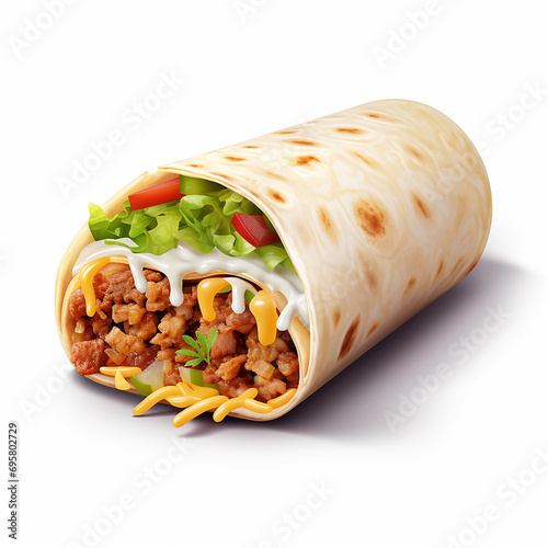 Tortilla wrap with meat and vegetables isolated on a white background