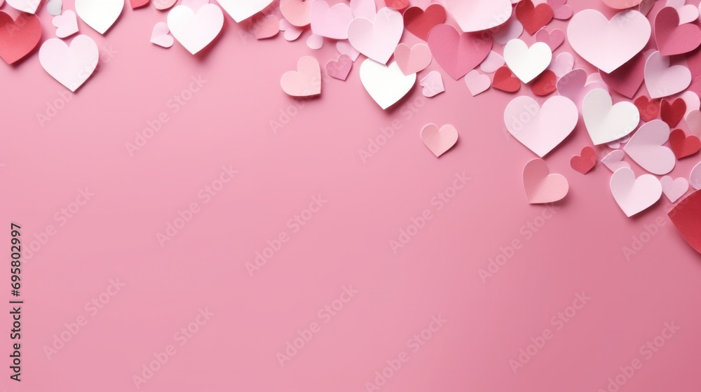 Valentine's Day background with paper hearts on pink surface. Romantic greeting card design.