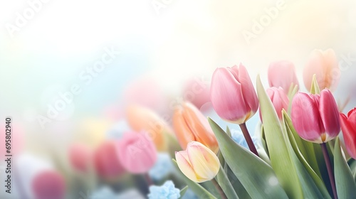 Bouquet of multicolored tulips on a beautiful blurred background, copy space. #695802940