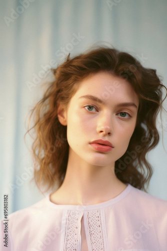 Portrait of a beautiful girl with curly hair in a pink blouse