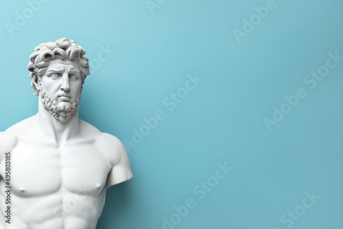 Greek god statue background. Flat lay, top view. Copy space