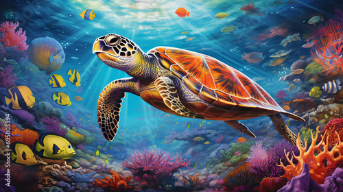 Turtle Amongst Vibrant Sea Creatures
