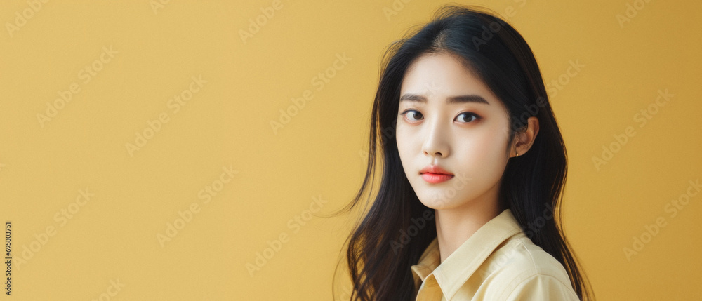 Portrait of beautiful young asian woman in yellow shirt on yellow background . - obrazy, fototapety, plakaty 
