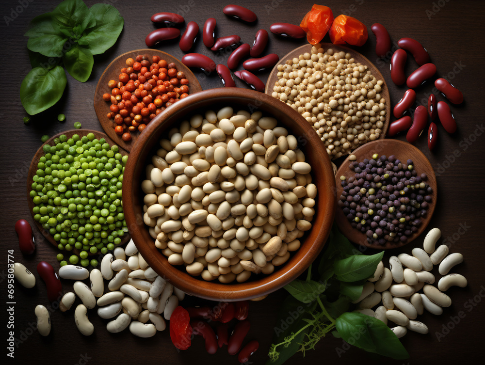 Fototapeta premium Assortment of legumes, lentils, chickpeas and beans in different bowls on a wooden table. View from above. World Legumes Day, February 10.