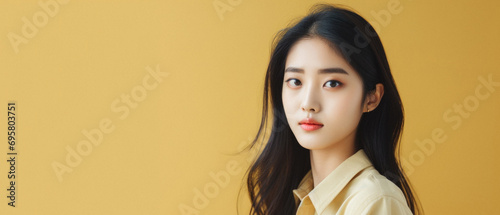 Portrait of beautiful young asian woman in yellow shirt on yellow background .