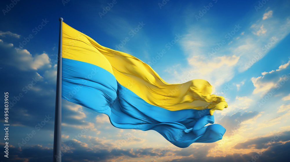 Ukrainian flag against blue sky - obrazy, fototapety, plakaty 