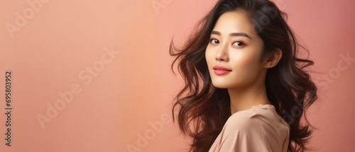 Portrait of beautiful asian woman with makeup on pink background .