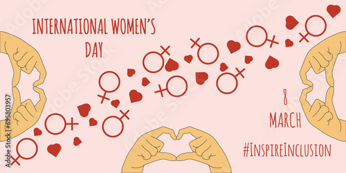 Design horizontal banner Inspire Inclusion with Venus symbol. Internation Women's Day poster template in trendy Groovy style. Vector illustration can used web and social media banner. 