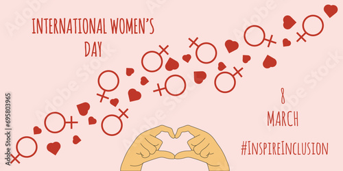 Design horizontal banner Inspire Inclusion with Venus symbol. Internation Women's Day poster template in trendy Groovy style. Vector illustration can used web and social media banner. 