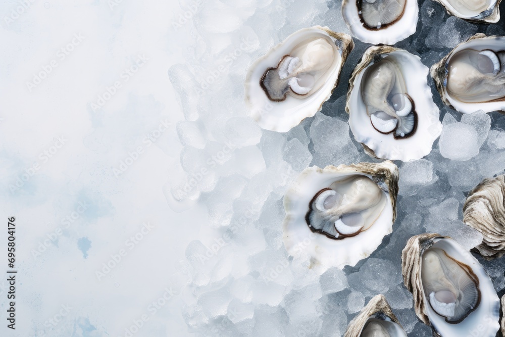 Oysters on ice background. Flat lay, top view. Copy space Oysters on ice background. Flat lay, top view. Copy space