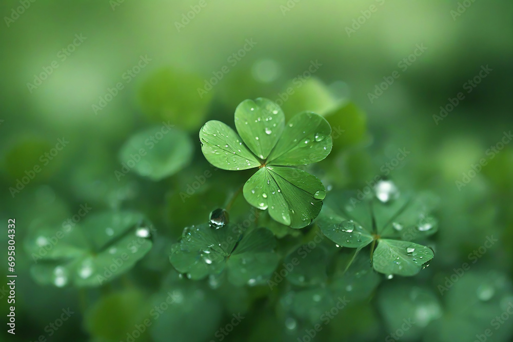 Green clover leaves with water drops, close-up. Nature background Green clover leaves with water drops, close-up. Nature background
