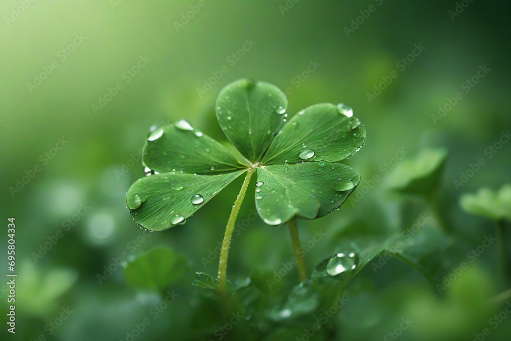 Four leaf clover with dewdrops on its leaves. Green blurred background Four leaf clover with dewdrops on its leaves. Green blurred background