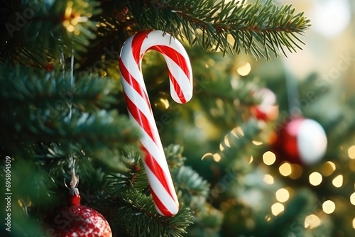 Candy Cane Hanging On Christmas Tree Closeup