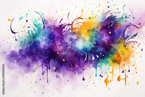 A vibrant abstract watercolor artwork celebrating the spirit of Mardi Gras