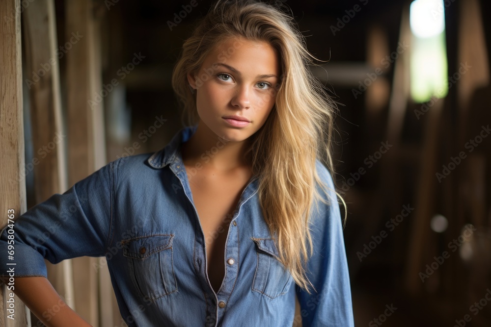 Teen model in a denim shirt, rustic barn setting, country style, natural light.