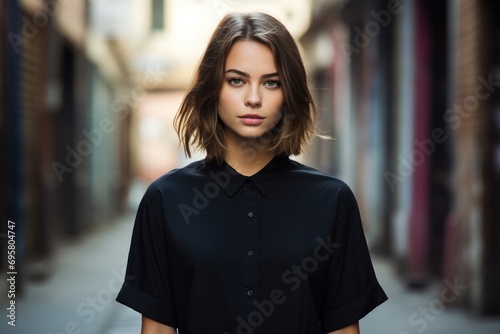 Teen model in black t-shirt, urban alley, modern casual fashion photo