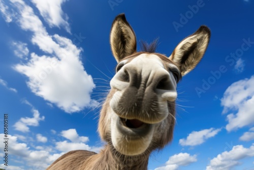 Amusing Donkey With Comical Expression Against A Sky Blue Background