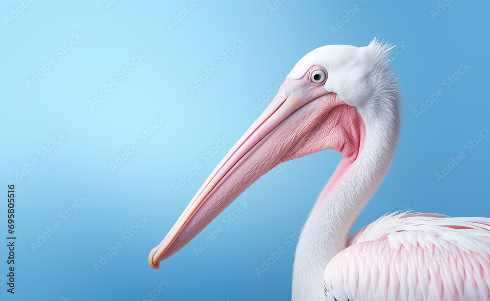 Creative animal concept. Pelican peeking over pastel bright background. Creative animal concept. Pelican peeking over pastel bright background.