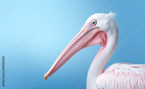 Creative animal concept. Pelican peeking over pastel bright background.