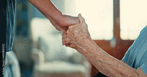 Closeup, senior person and holding hands with nurse for support, care and empathy in retirement. People, caregiver and patient with consultation, counselling and kindness with help in nursing home photo
