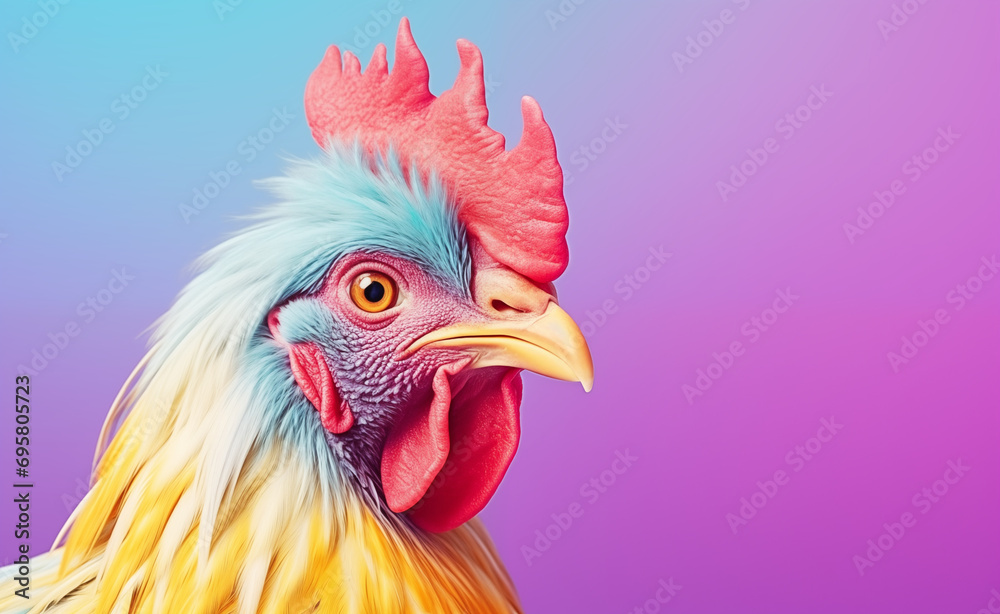 Creative animal concept. Rooster peeking over pastel bright background.