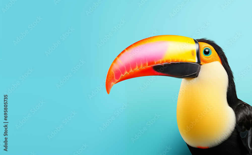 Naklejka premium Creative animal concept. Tucan peeking over pastel bright background.