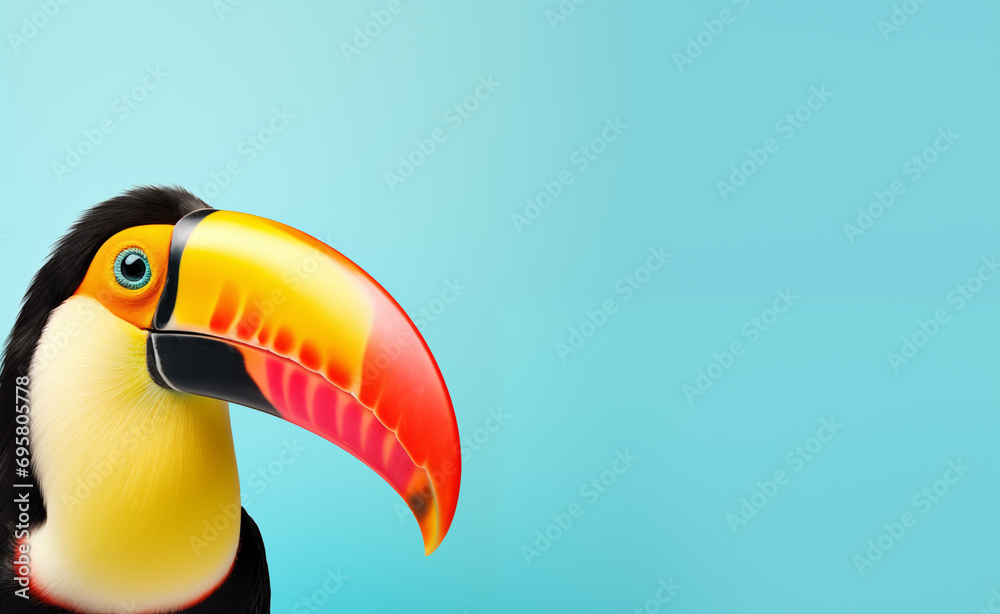 Fototapeta premium Creative animal concept. Tucan peeking over pastel bright background.