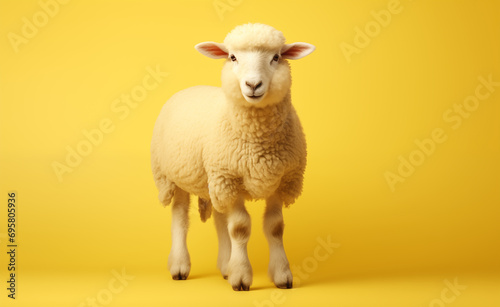 Illustration of Adorable White Sheep with Fluffy Wool on Solid Muted Yellow Pastel Background