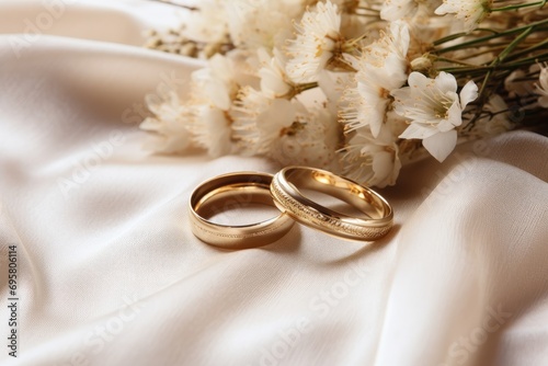 wedding rings on the bed background. Flat lay, top view.