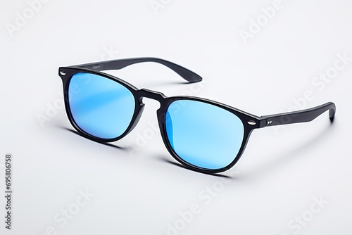 Glasses coated with blue light on a white background, eye protection from fatigue, generative AI